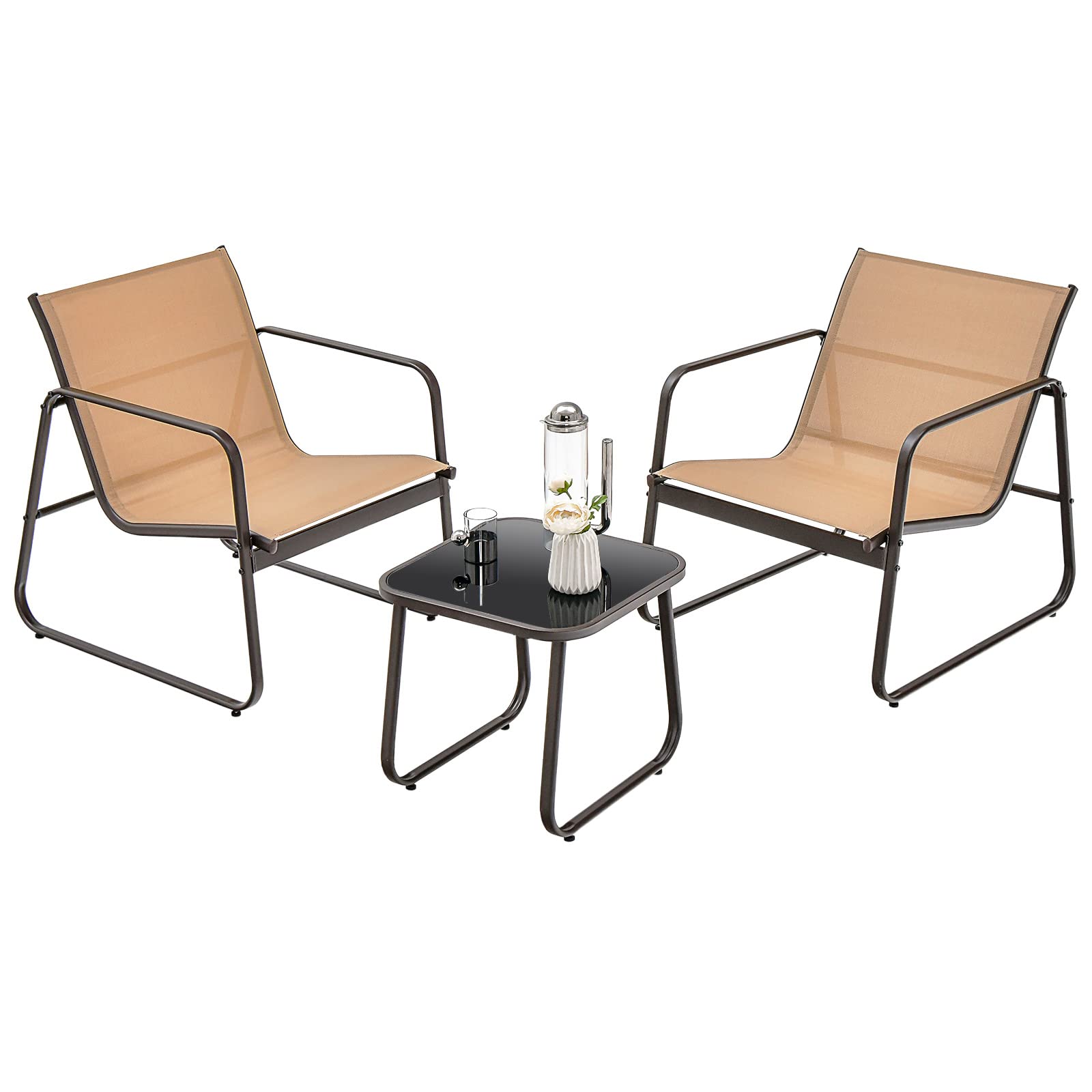 Tangkula Salon de jardin 3 pièces, Chaises et table de jardin en métal, Tissu respirant et Plateau en verre trempé
